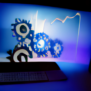 Pantalla de computadora mostrando unos engranes y en el fondo una gráfica con tendencia negativa