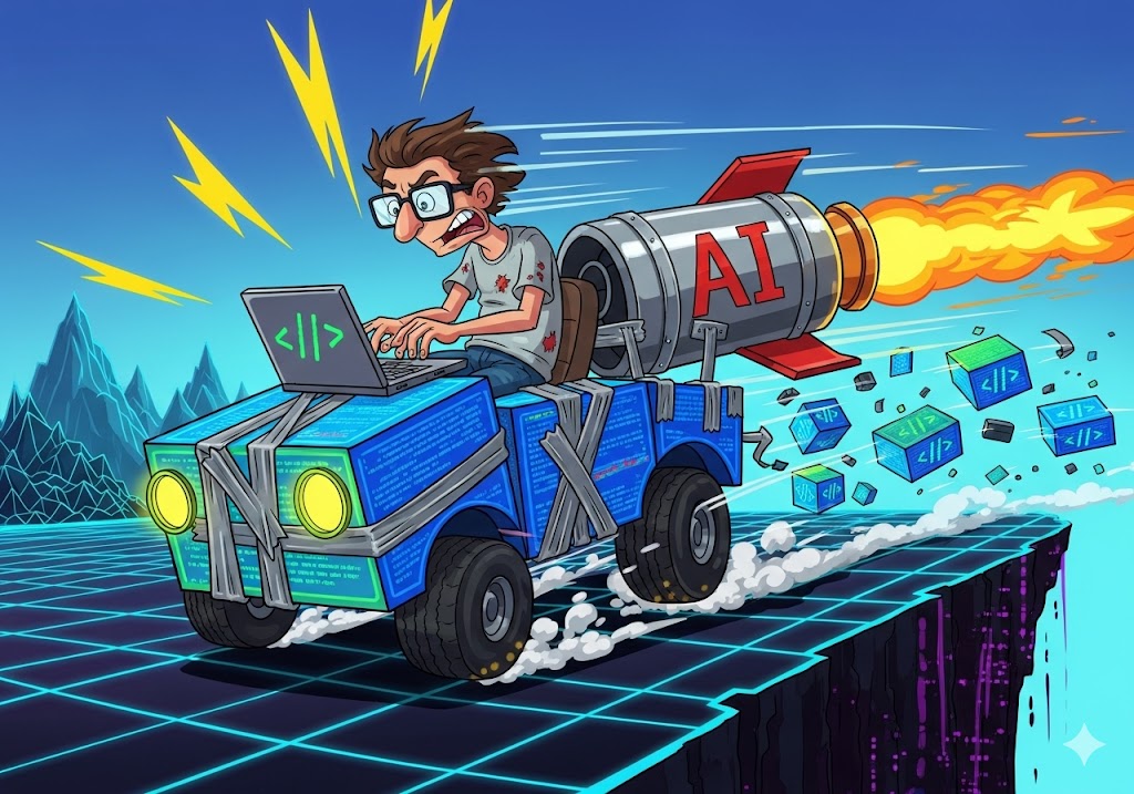 A software engineer riding a rocked powered car while coding.